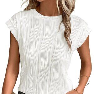 Crewneck Textured Basic Tee Cap Sleeve